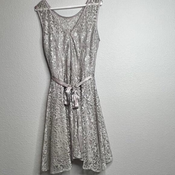 CACHE Champaign Metallic Threaded Lace Empire Waist Evening Cocktail Dress Sz 12 - Picture 2 of 15